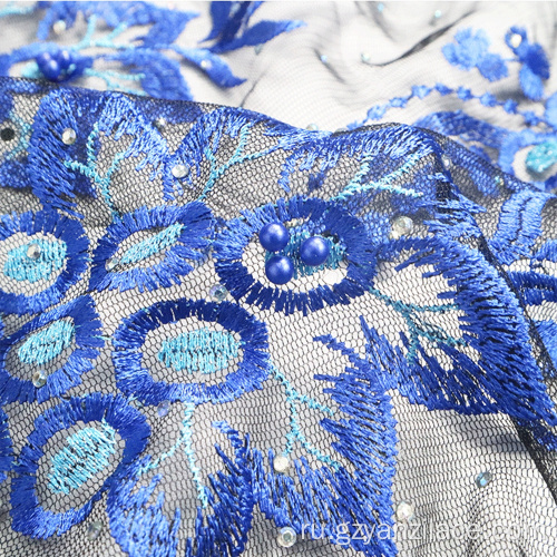 Темно-синяя цветочная кружевная ткань с вышивкой